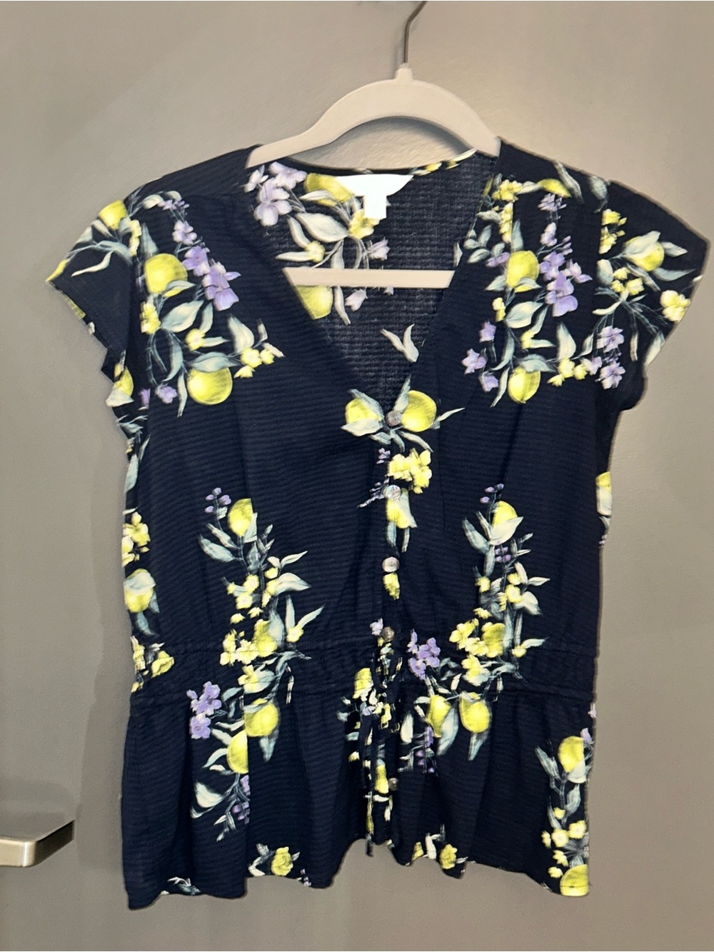 Time and Tru Navy Floral Lemon Print Blouse